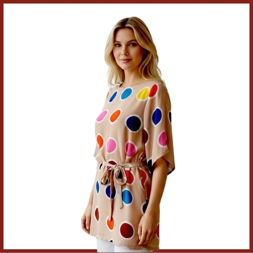 Joy Joy Women's Polka Dot Twist-Front Pleated Dress. Multi-Color. Medium - Picture 2 of 11